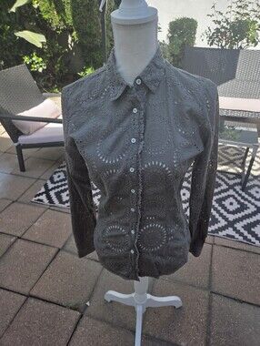 Johnny Was Green Cotton Eyelet Button-Down Shirt S.